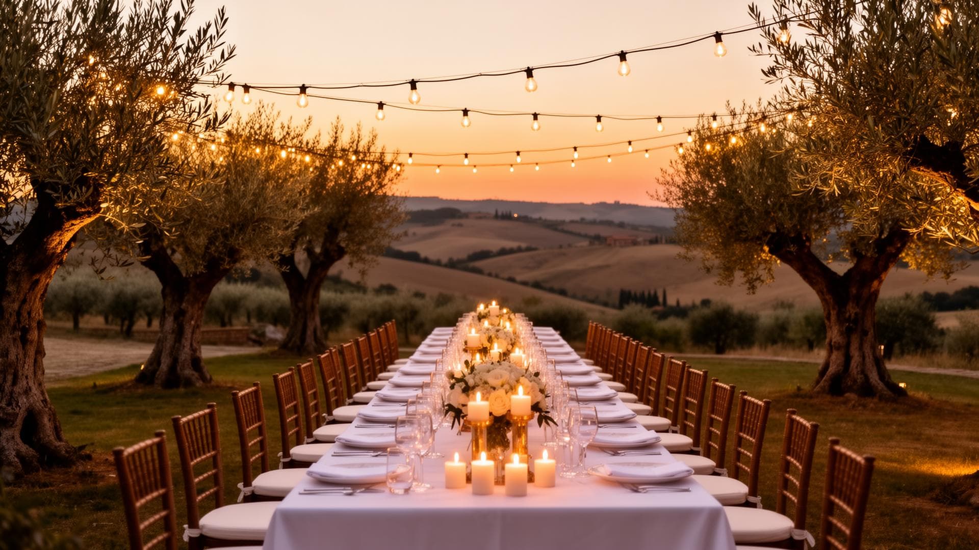 Tuscan wedding dinner under string lights