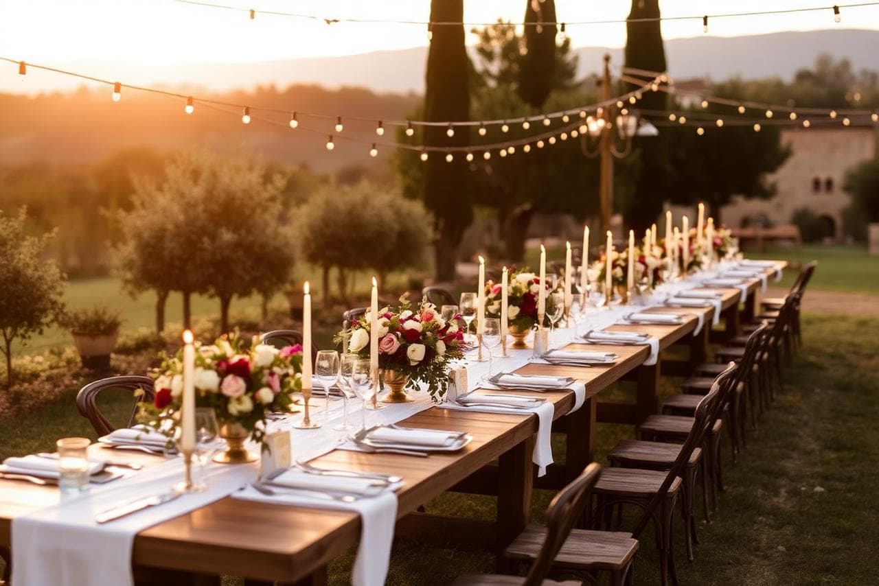 Wedding reception dinner at sunset