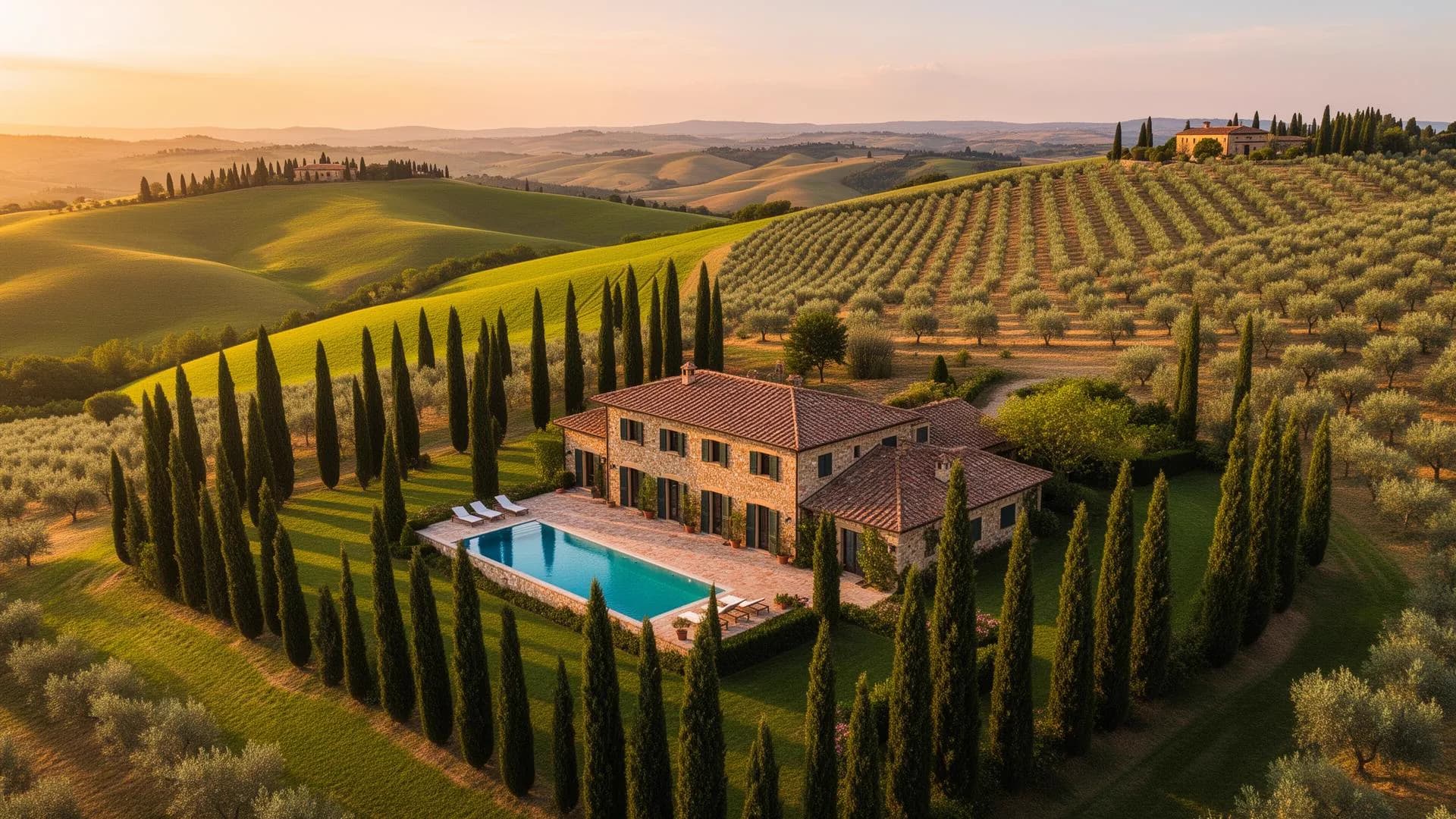Luxury Tuscan villa surrounded by cypress trees and rolling hills at golden hour