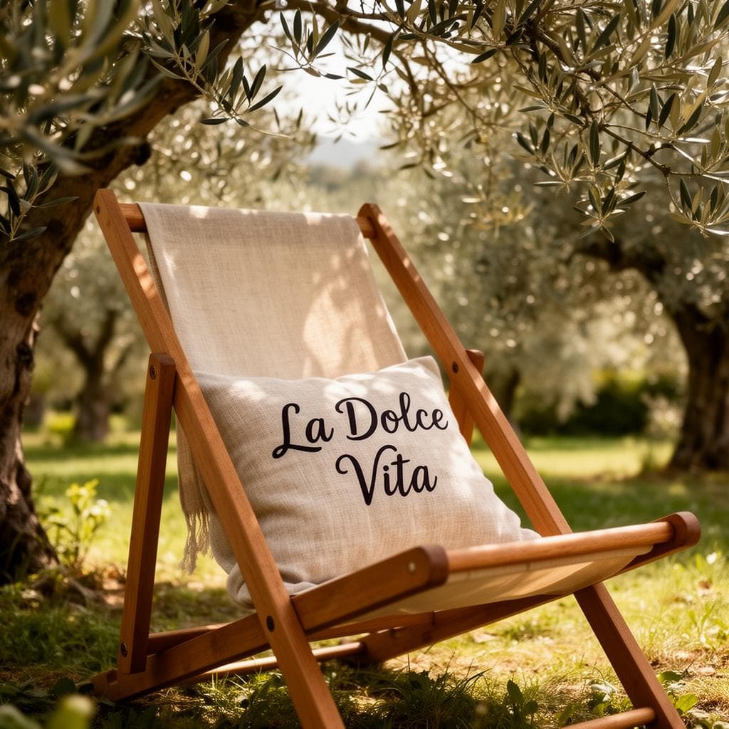 La Dolce Vita pillow on a deck chair in an Italian olive garden